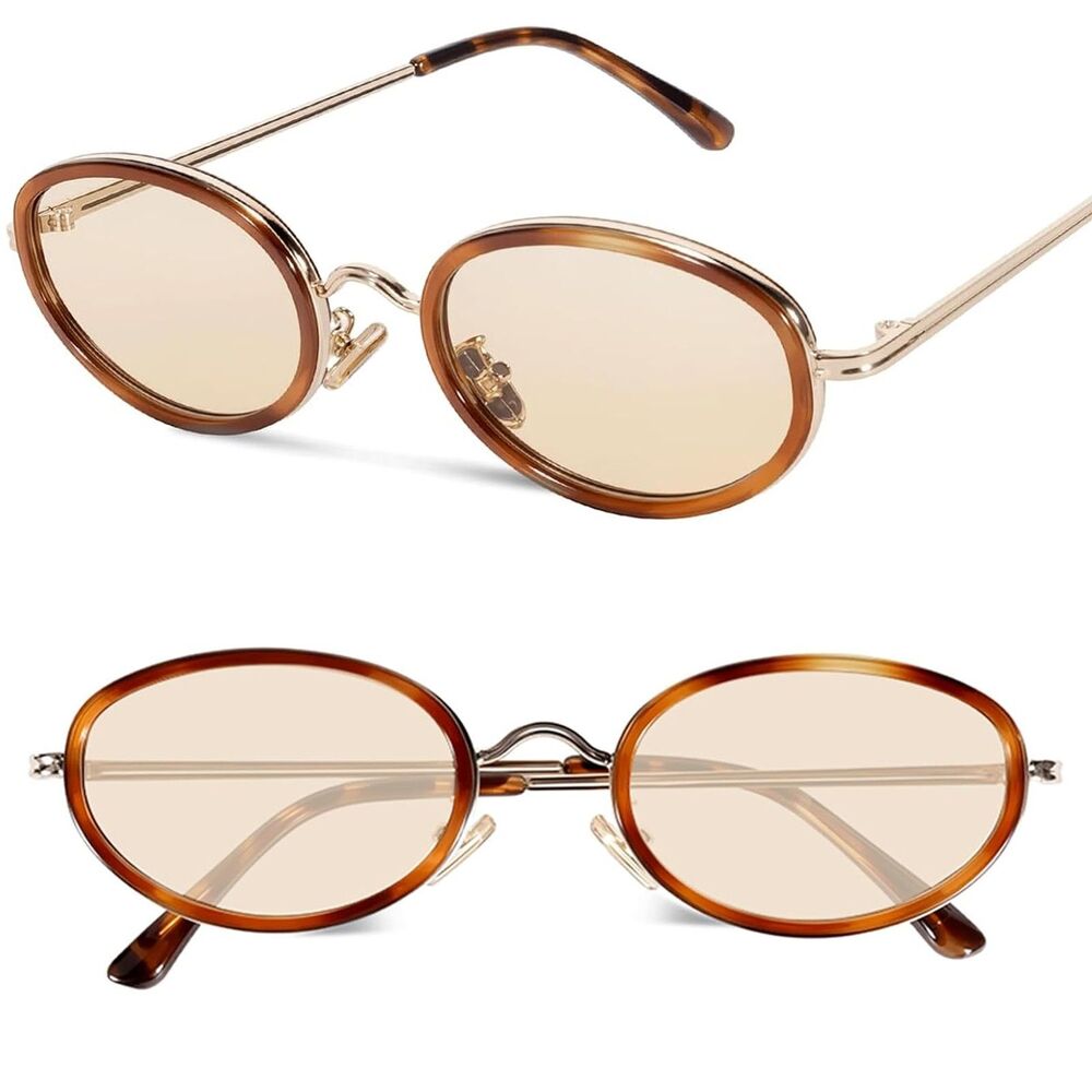 Women's Gold Brown Small Oval Round Metal Retro 90s Chic Fashion Sunglasses